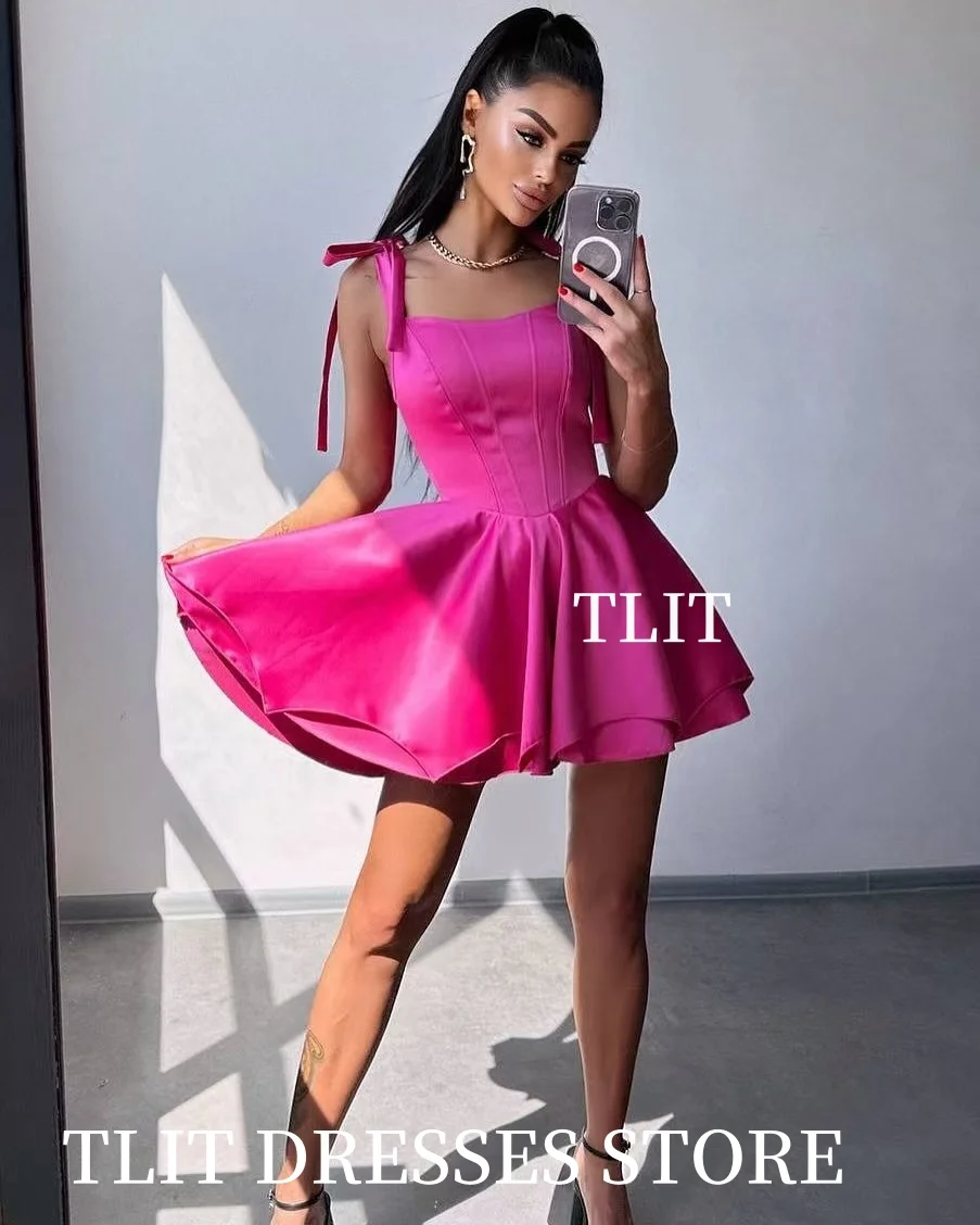 TLIT Sexy Silk Satin Short Evening Party Dresses Arabic Women Cocktail Dresses Spaghetti Strap Bow Customized Robe de soiree