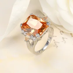 Classic Big Champagne CZ Stone Ring Large Single Orange Crystal CZ Cut Luxury Sterling Silver Color Ring Women Jewelry