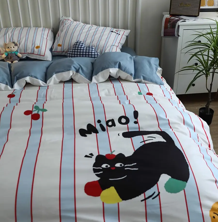 Cute cartoon cat stripe bedding set 1.2 1.5 1.8 2.0,twin full queen king cotton home textile bed sheet pillow case quilt cover