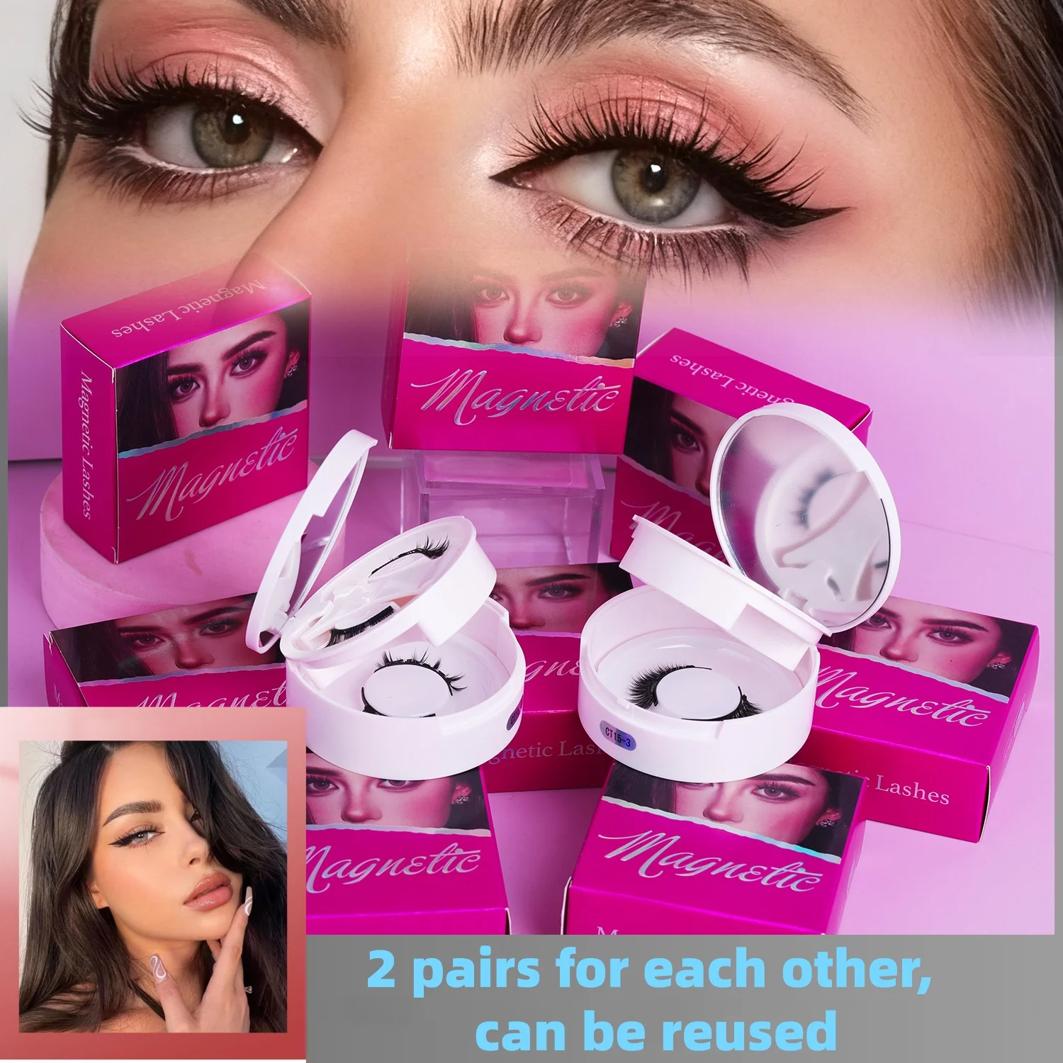 حار 1 زوج الرموش المغناطيسية اليدوية رقيق فو المنك جلدة قابلة لإعادة الاستخدام الرموش الصناعية الطبيعية وملاقط المغناطيسي مجموعة ماكياج #1