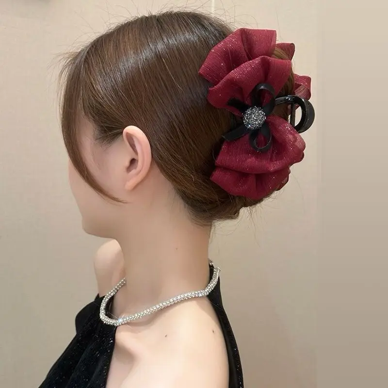 우아한 분위기의 메쉬 보우 헤어 클립 (여성용 시어서커 샤크 클립) 패션 소녀 뒷머리 헤어 클램프