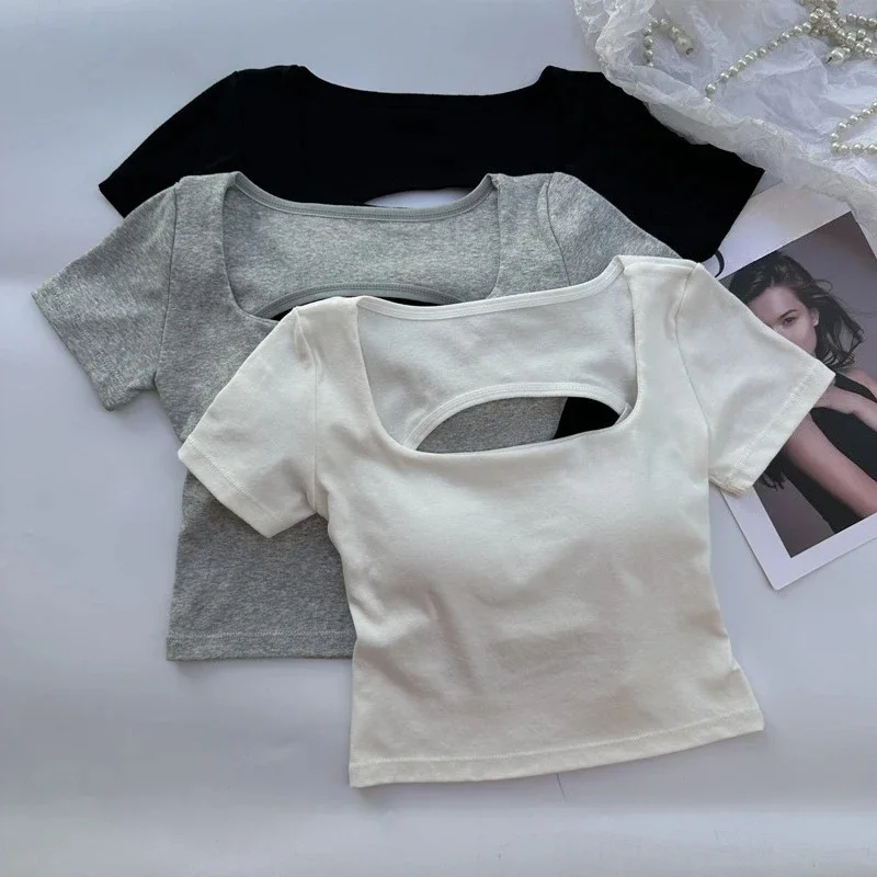 Women's Square Neck Backless Crop Top, Short Sleeve with Built-in Bra for Summer & Daily Streetwear One Size