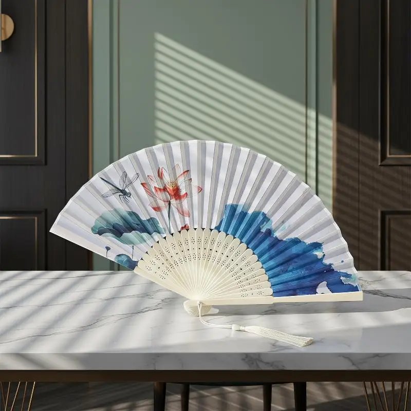 Vintage Chinese Bamboo Folding Hand Fan with Elegant Tassel for Hanfu Outing Themed Party Photography Decoration