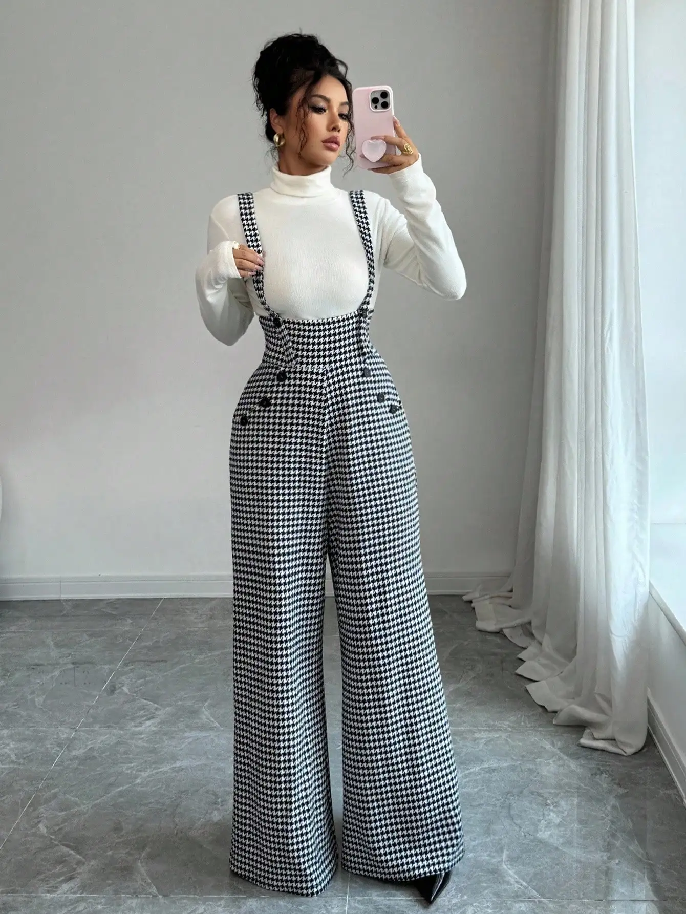 Ladies Elegant Plaid Button Detail Overalls - Fashionable Women's Clothing