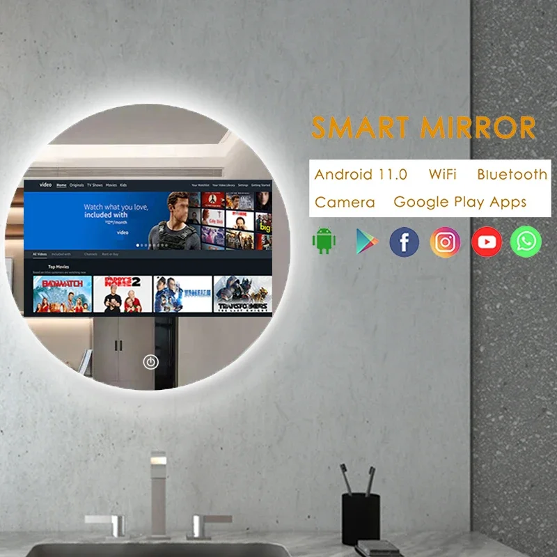 Modern 6mm Waterproof Silver Round Smart Mirror Glass Illuminated Touch Screen Bathroom Gadgets For Home Villa Bedroom