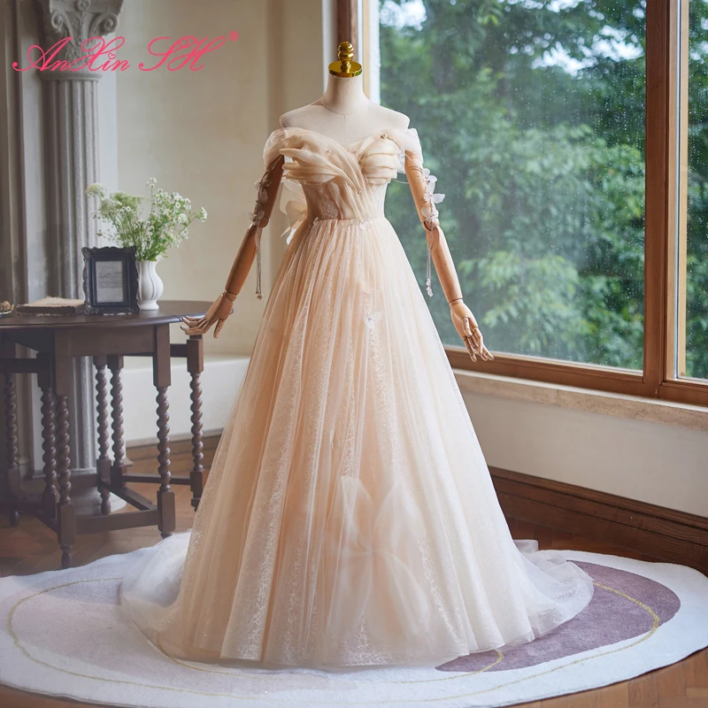 

AnXin SH Luxury princess champagne lace sparkly boat neck beading crystal flower party a line lace up long evening dress