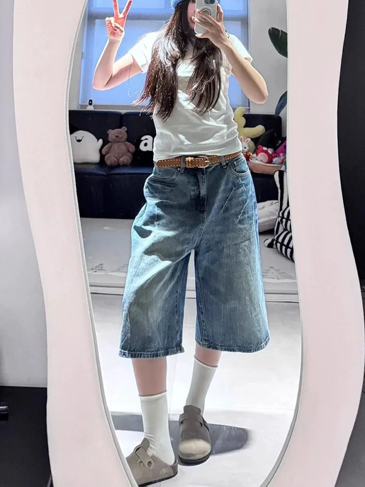 

Джинсы женские американского стиля больших размеров, синие, из денима, весенние, свободные, с высокой талией, прямые, широкие, средней длины