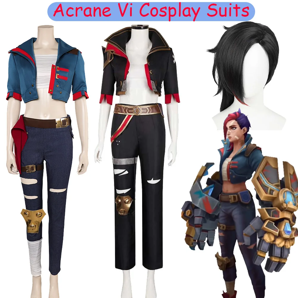 LOL Vi Cosplay Arcane 2 Uniforme da combattimento Parrucca Costume Giacca Gilet Pantaloni Gioco Abiti femminili Carnevale di Halloween Combattimento Abito da donna