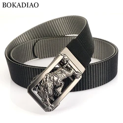 BOKADIAO Man Double-sided Nylon Belt Tiger Rotate Metal Automatic Buckle Canvas Belts for Men Jeans Waistband Bicolor Male Strap