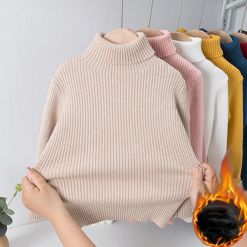 Winter Pullover Sweaters for Girls Boys Thicken Fleece Warm Knitting Sweater 12 13 Years Children's Clothing Kids Turtleneck Top