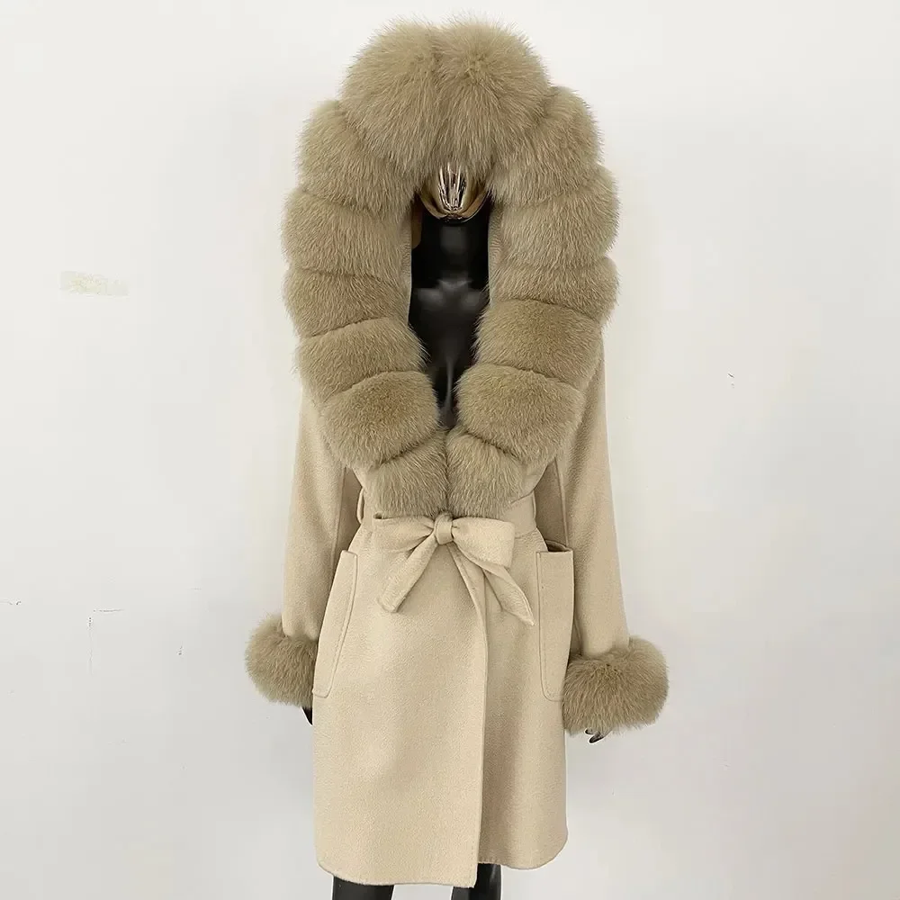 Women Real Fox Fur Coat Female Long Hooded Cashmere Jacket Warm Natural Fur Woolen Jacket Lady Wool Coat 2024 New Autumn Winter
