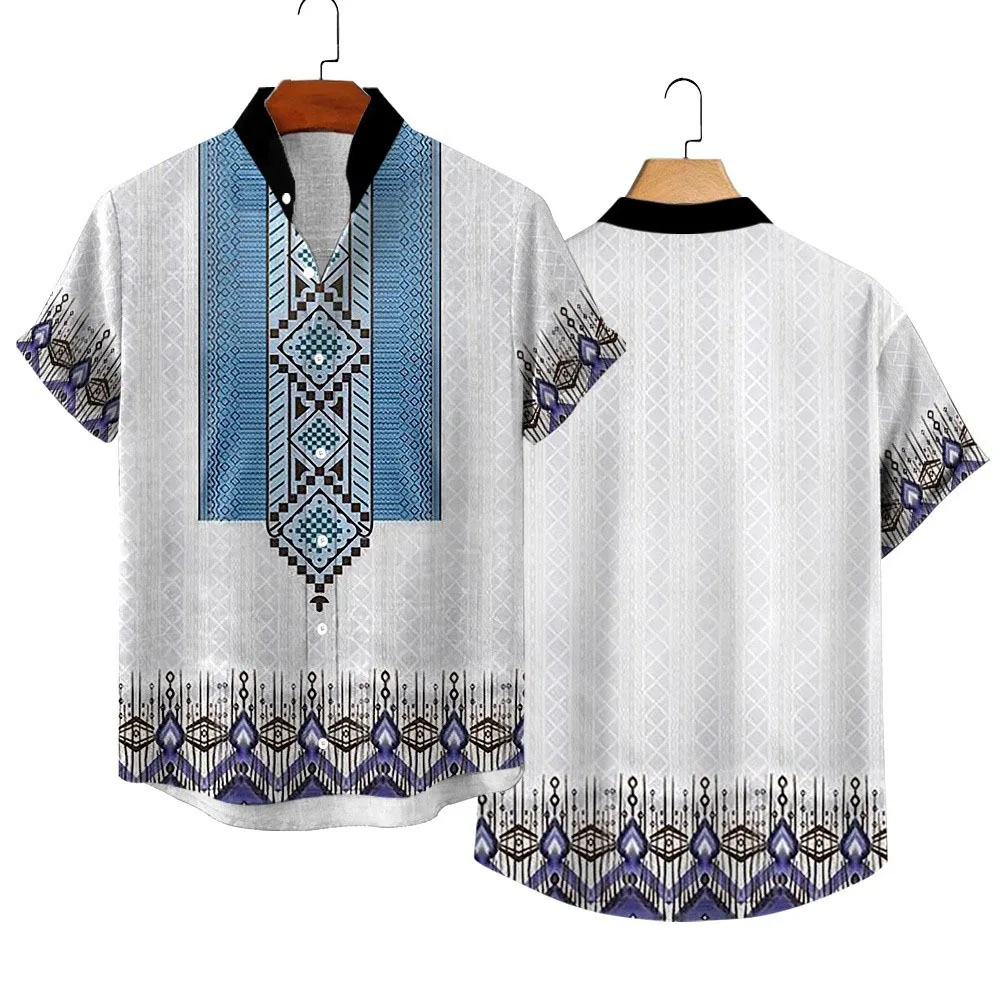 

New men's linen short sleeved shirt, fashionable retro style, ethnic pattern print, comfortable and breathable men's plus size t