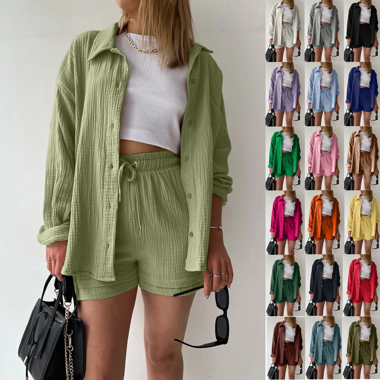 Summer Cotton Linen High Waist Shirt Shorts Women Turn Down Collar Long Sleeve Tops and Shorts Suit Cotton Casual Two Piece Sets