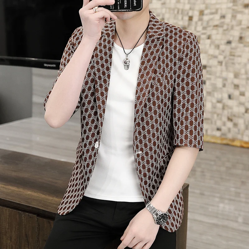 

Slim Fit Men's Summer Thin Single Breasted Jaet f Sve Nightclub Casual Polyester Fiber round Hem No Tails Open Slits