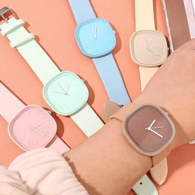 Recién llegado, reloj cuadrado Simple para mujer, correa de cuero de cuarzo, reloj de pulsera de moda para mujer, reloj impermeable Macaron para mujer