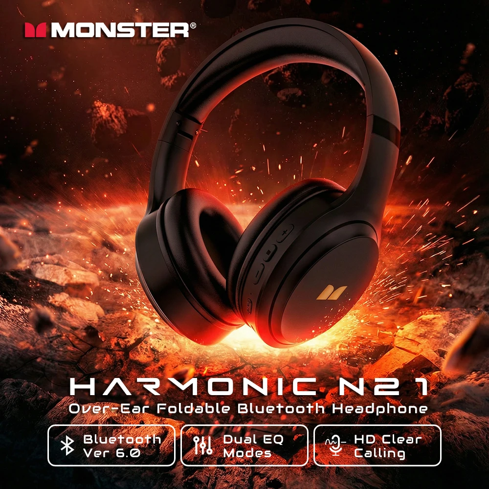 Monster N21 Bluetooth 6.0 Headphones Call Noise Reduction Headset Powerful Deep Bass Over-Ear Wireless Earphone with Microphone