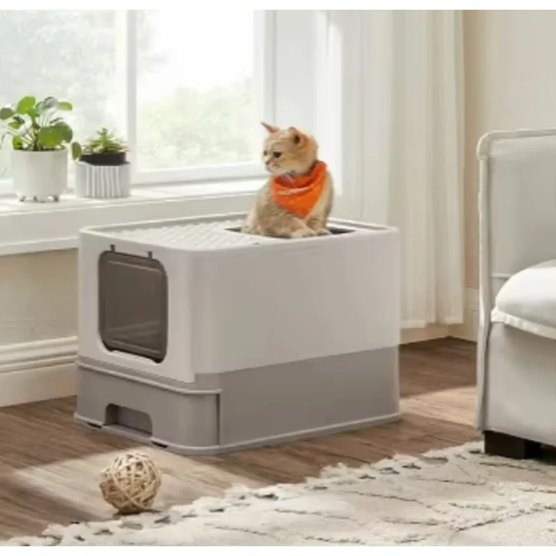 

Plastic Cat Litter Box Cat Toilet with Enclosed Drawer & Scoop Large Capacity Cat Box Easy to Clean Foldable Litter Box