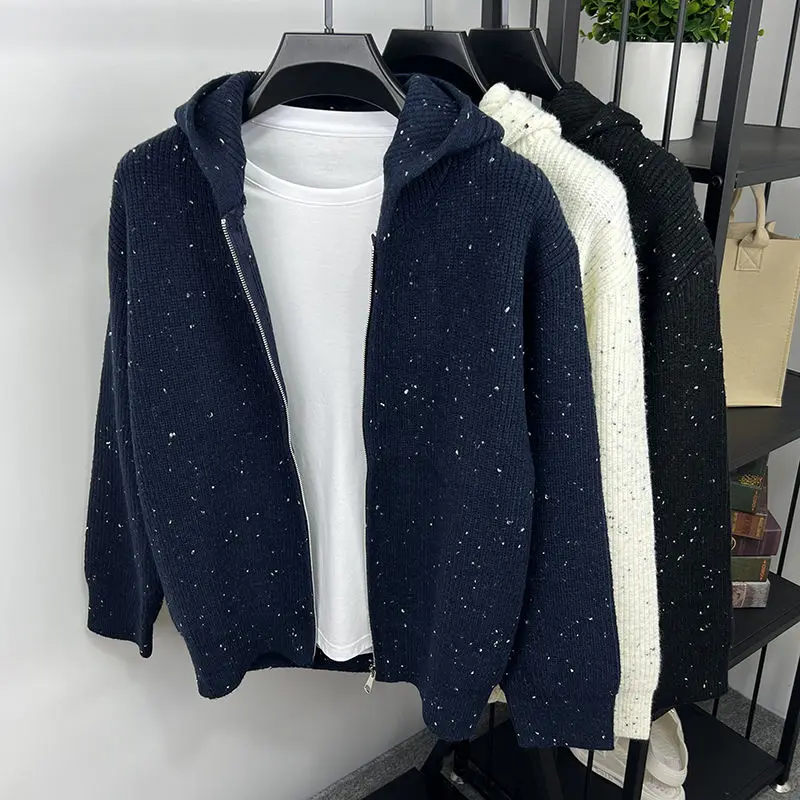 Hooded Zipper Cardigan Men's Spring and Autumn Trend Casual Sweater Men's Loose Lazy Knitted Sweater Thickened Jacket