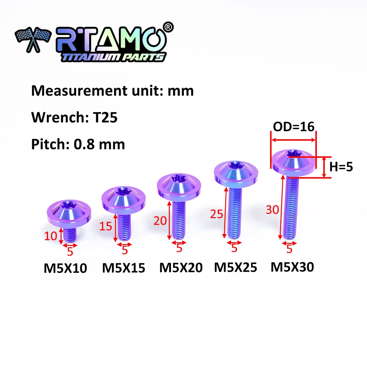 RTAMO 자전거 오토바이 자동차용 티타늄 볼트, Torx 헤드, 티타늄 나사, CNC 패스너, M5X10, 15, 20, 25, 30mm (OD = 16)