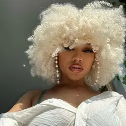 WIGERA-pelucas rizadas sintéticas para mujeres negras, peluca rizada Afro platino con flequillo, corta y rizada, sin cable