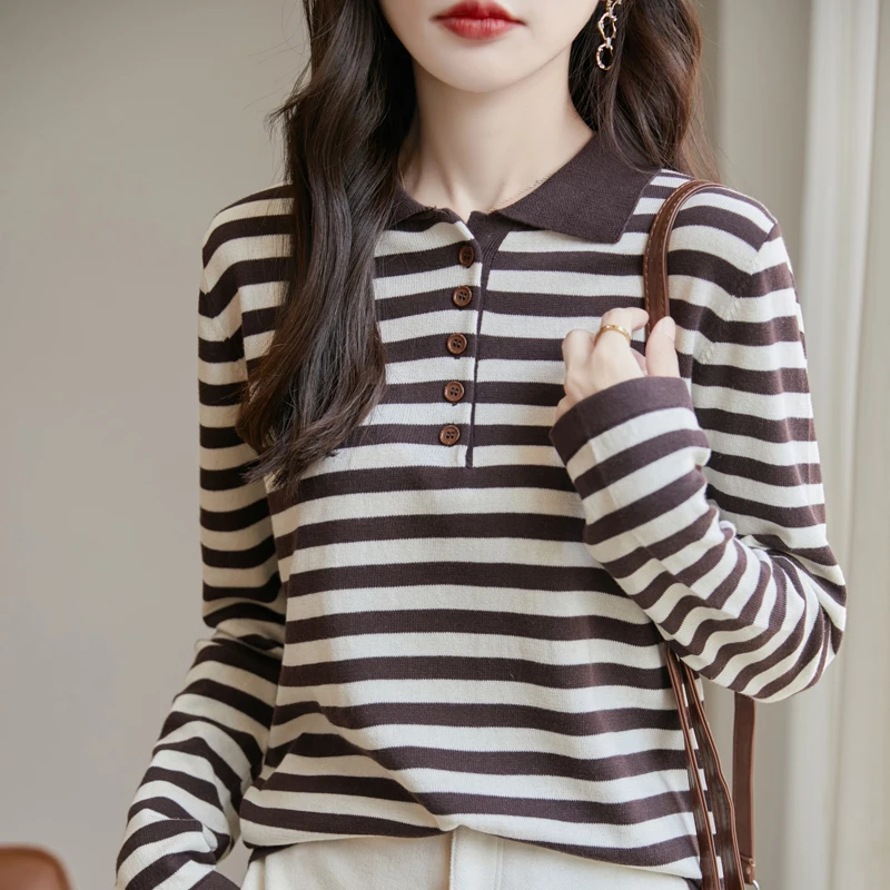 Women 100% Cotton Striped Sweater Polo Collar Pullover Casual Color Blocking Knitwear Long Sleeve Spring Autumn Clothing Tops