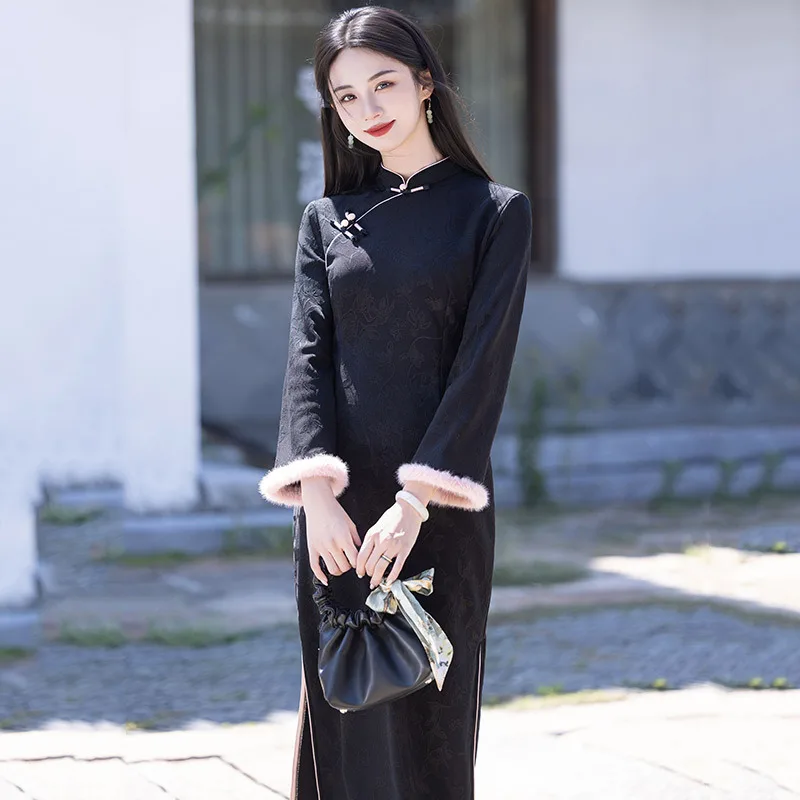 robe-de-soiree-elegante-vintage-pour-femme-qipao-cheongsam-en-satin-jacquard-a-col-mandarin-avec-boutons-et-patchwork-manches-longues