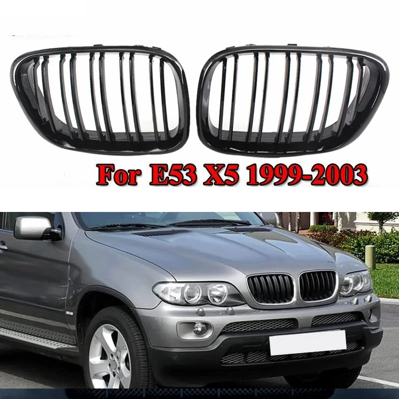 bmw-x5-e53-1999-2003年モデルに適した、デュアルラインスポーツスタイルの黒いフロントグリル、キドニー型グリルの自動車交換部品。