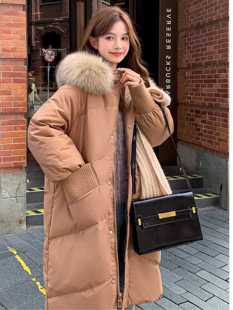 

Jackets for Women Long Down Coats Fox Fur Collar Thickened Warm Down Jackets Korean Casual Loose Hooded Lady Outerwears