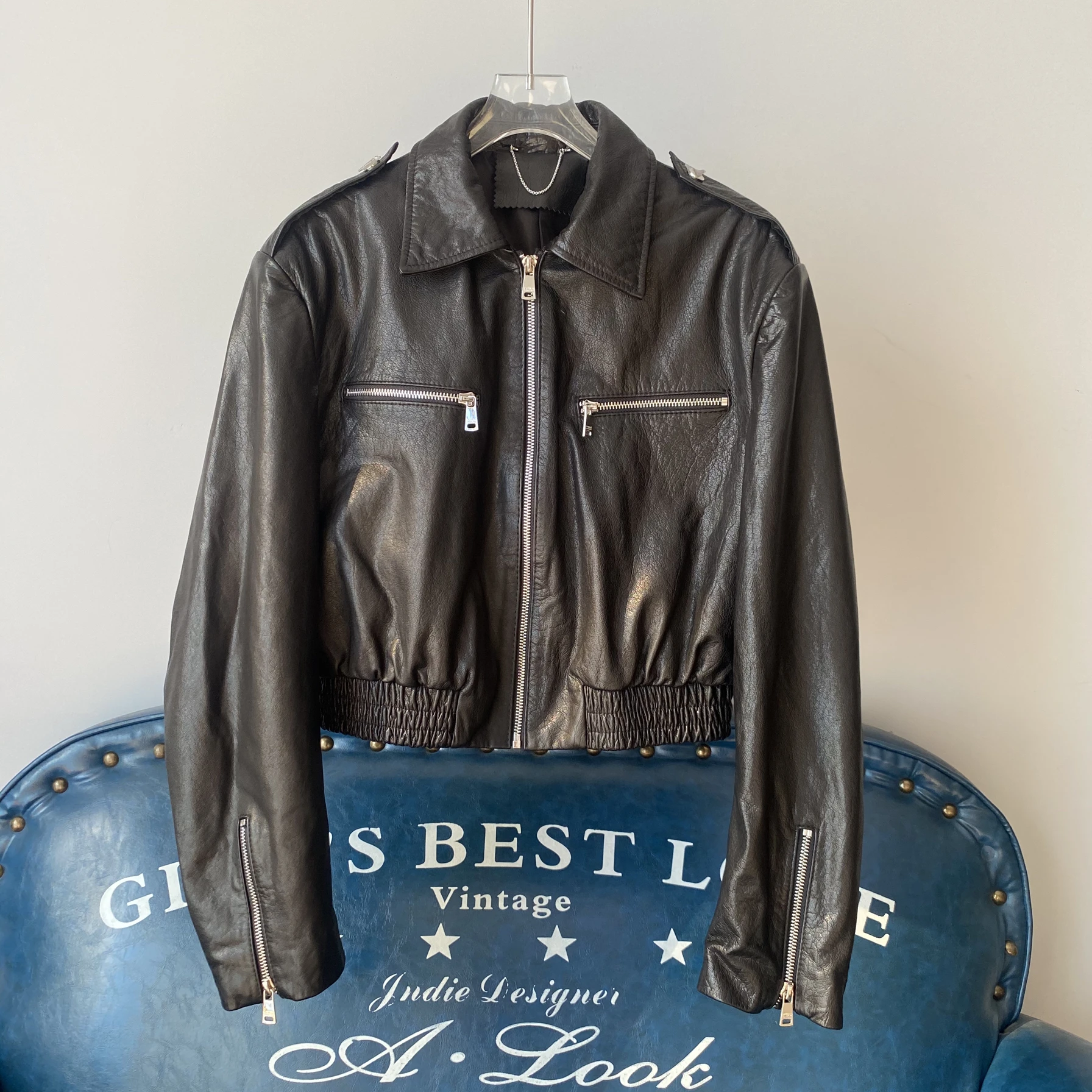 Retro curtido eepskin couro genuíno Jaet feminino gola ortopé motociclista Jaet agasalhos outono inverno novo Sle Zipper Desi...