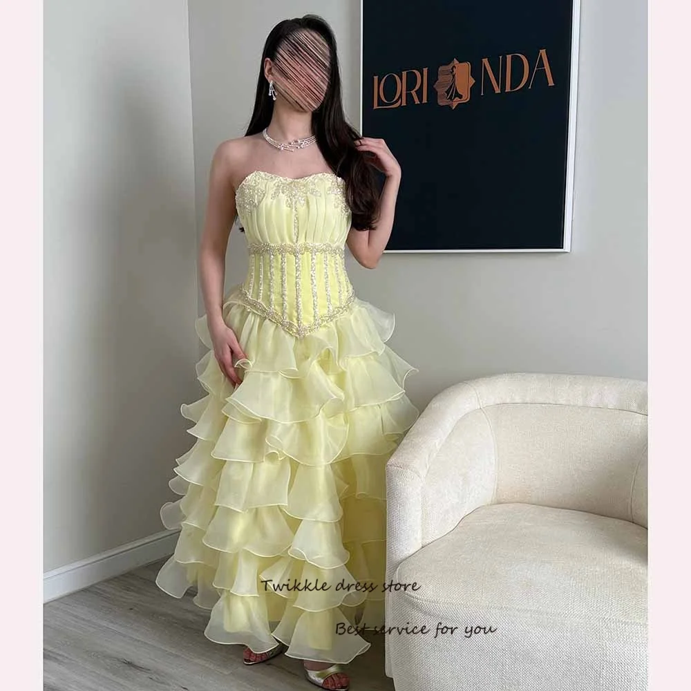 Tiered Organza Evening Dresses Strapless A-Line Sequined Beaded Sexy Prom Dress For Women Yellow Formal Gowns Customized