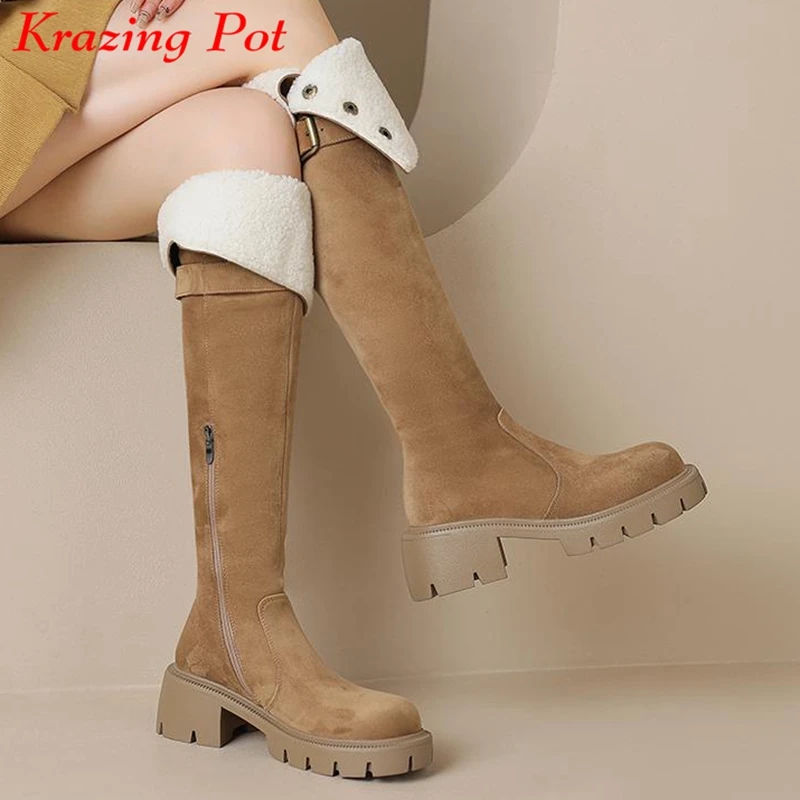 

Krazing Pot Flock Fur Round Toe Winter Warm Punk Snow Riding Boots Thick Med Heels Lace Zipper Belt Buckle Over-the-knee Boots