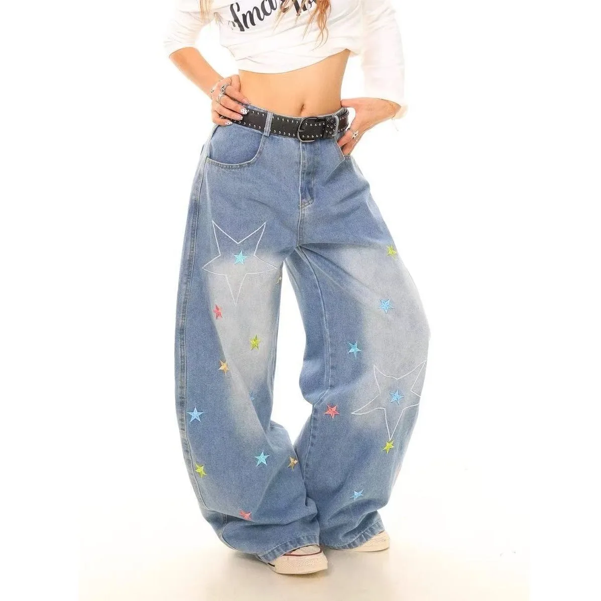 

New Summer Retro Washed Jeans for Women Loose Wide Leg Embroidery Denim Pants Vintage Distressed Curved Knife Design