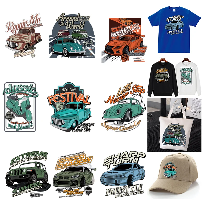 Super Classic Car Print Pattern Patch,Heat transfers stickers for clothing,Suitable for Hoodies,T-shirts,pillows,canvas bag,etc.