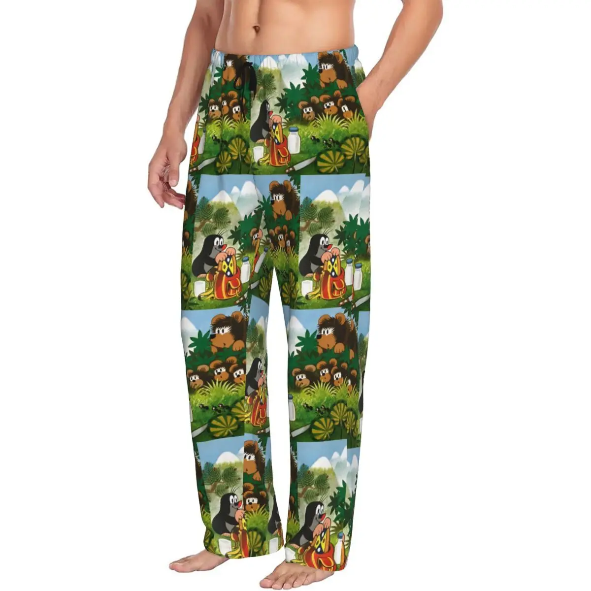 Custom Printed Men's The Little Mole Pajama Pants Krtek Cartoon Sleepwear Sleep Lounge Bottoms with Pockets