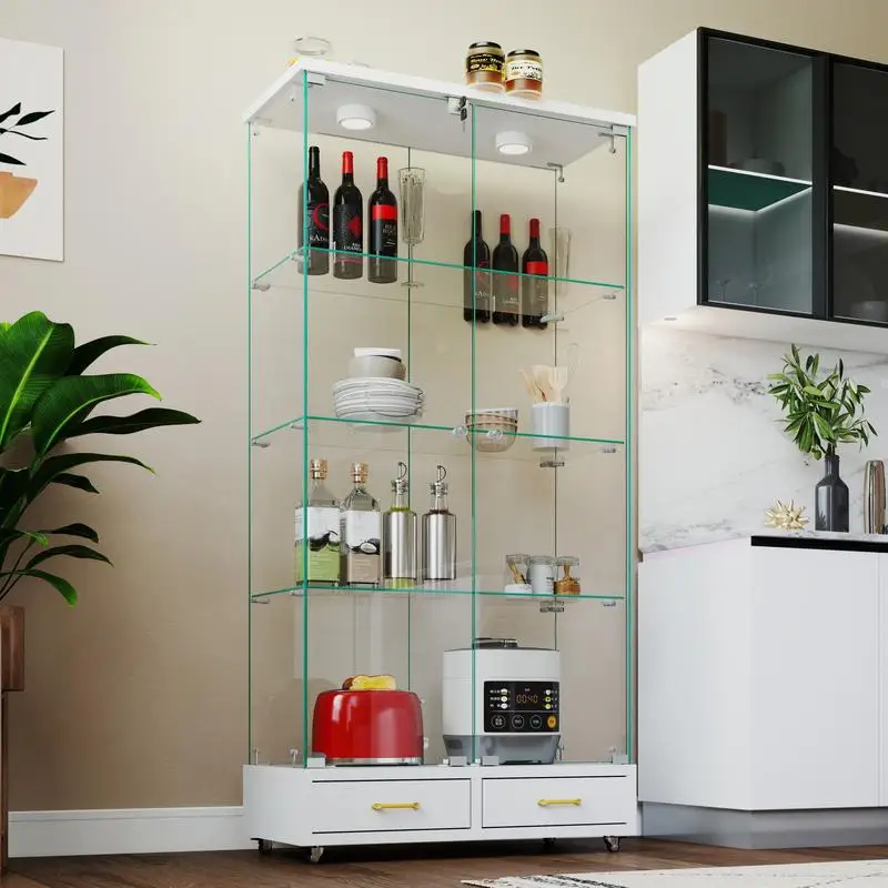 خزانة عرض زجاجية حديثة مع درجين كبيرتين، رف عتيق سهل التجميع مع أضواء LED، رف كتب من الزجاج المقسى، #5