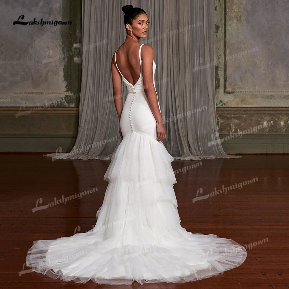 Royce Classic Spaghetti Strap Backless Pleat Mermaid Wedding Dress Sleeveless High Slit Floor Length Sweep Train Bride Gown