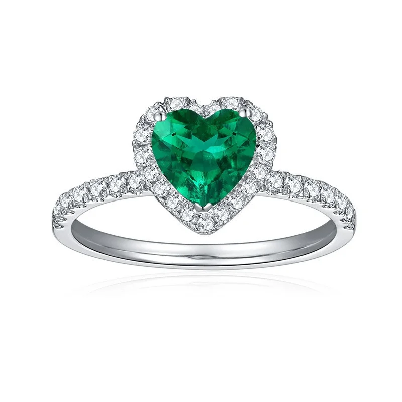 

ZFSILVER s925 Silver Fashion Luxury Cultivated Gemstone 1.2ct Emerald Heart Ring Charm Women Wedding Party Jewelry Gift R3-0057