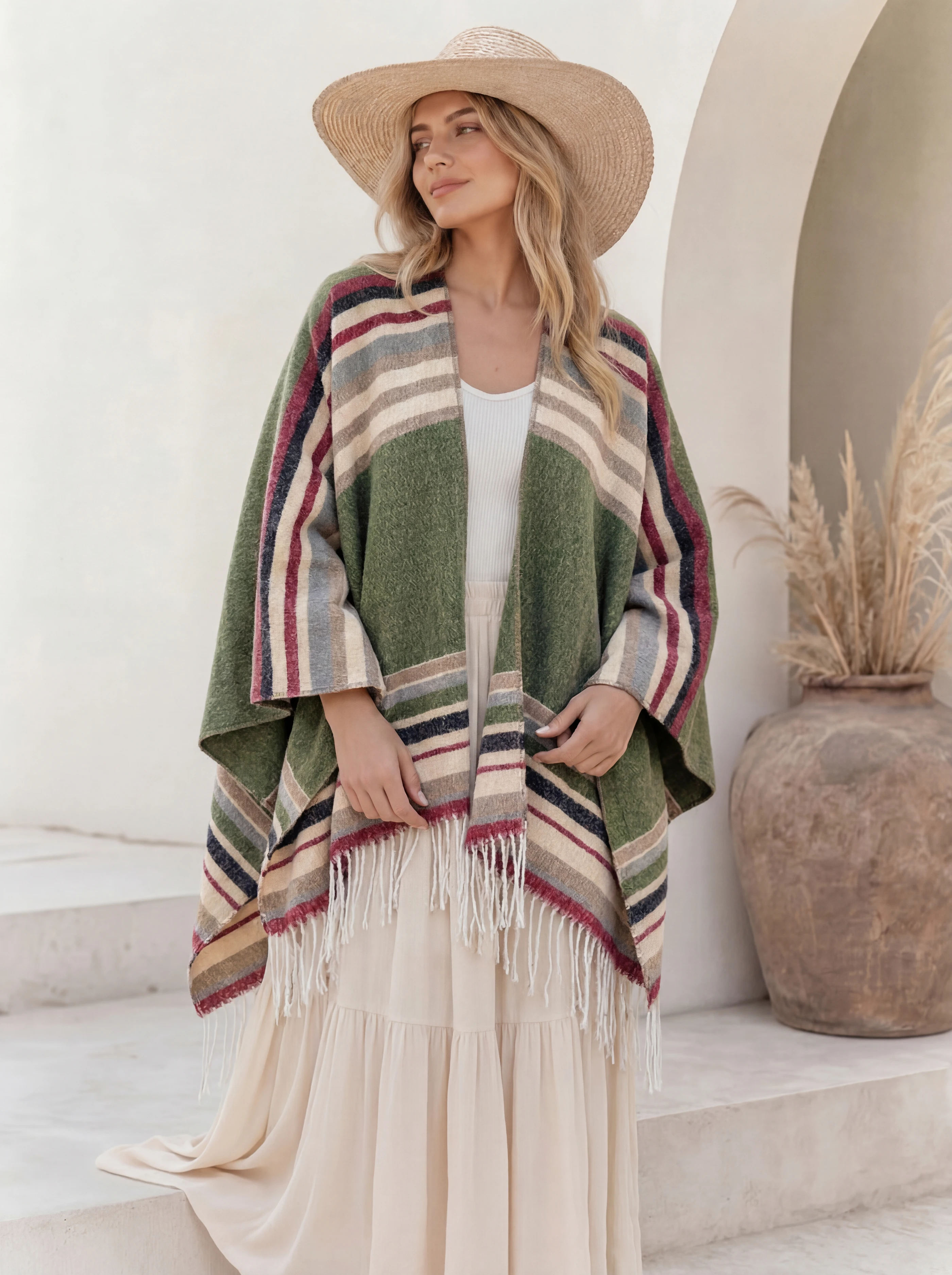 Southwestern Stripe Tassel Poncho Cape, Lightweight Knit Shawl Wrap, Versatile Layering Cover Up for Autumn