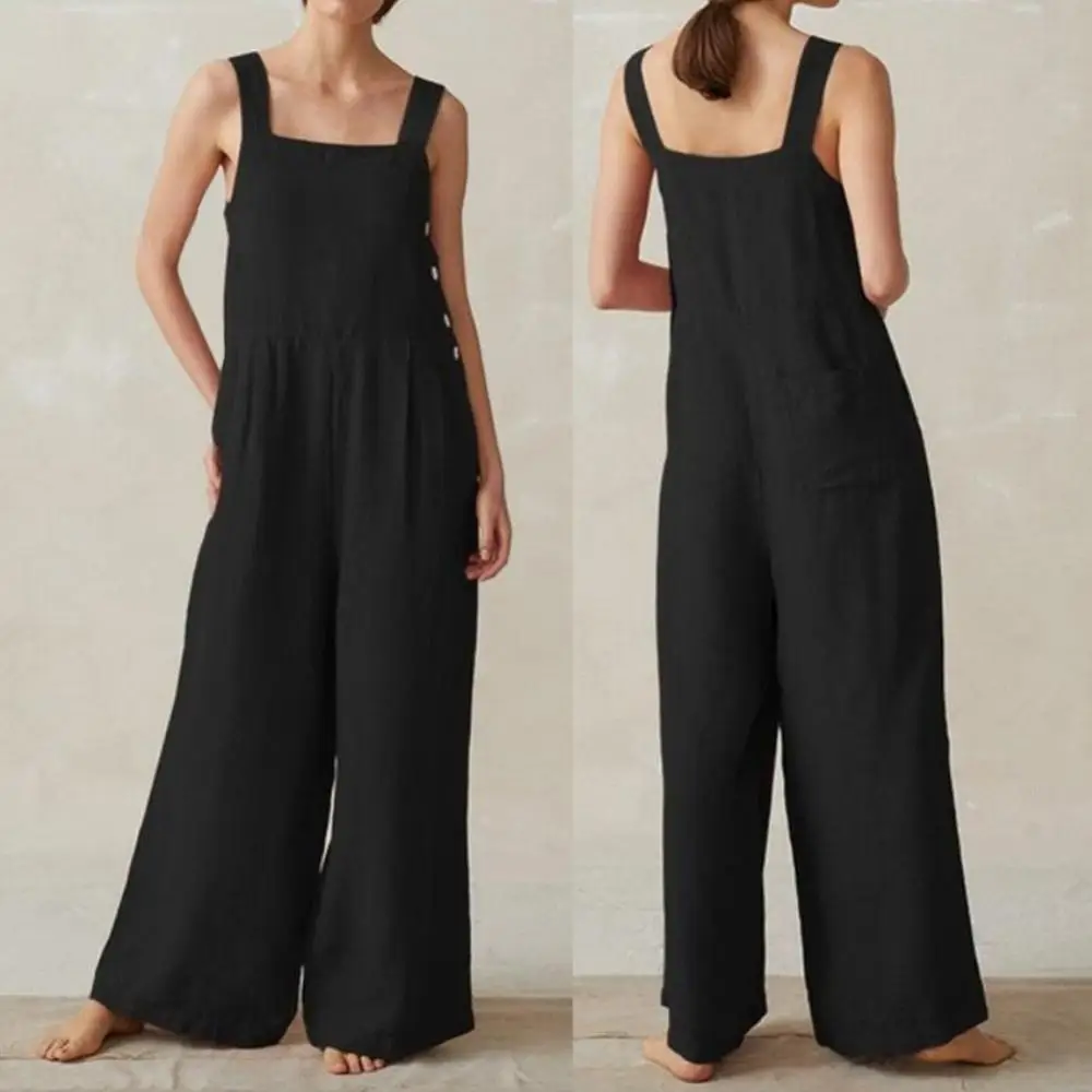 

2024 Summer New Women's Loose Jumpsuit Solid Color Floor Length Casual Overall High Neck Sleeveless Wide Leg Pants Suit