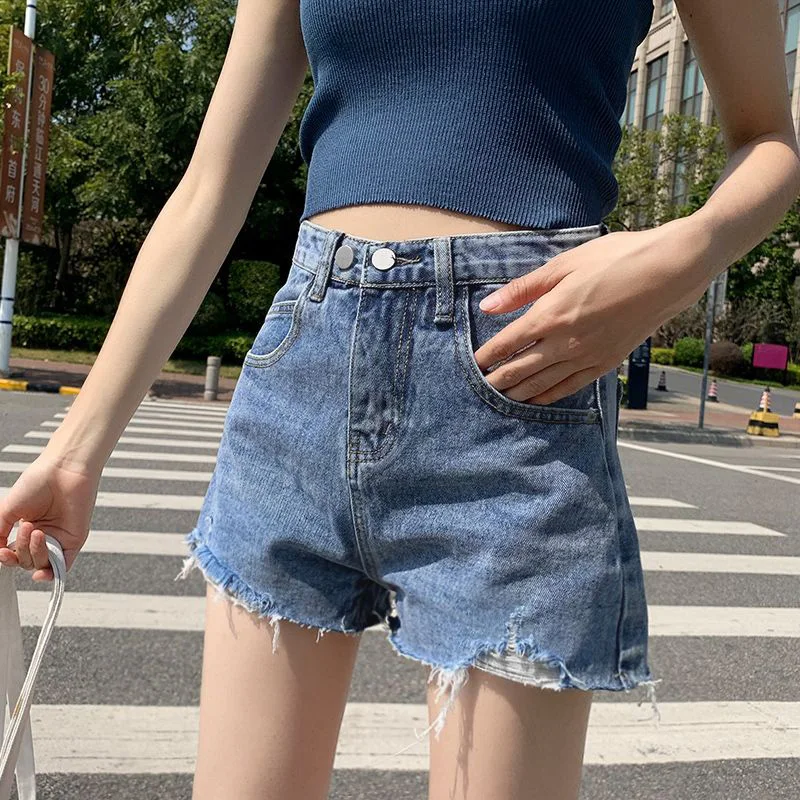 

Summer Lady Solid Raw Edge Designer Jeans Women Fashion High Waist Short Pants Girls Chic Leisure Thin Denim Shorts