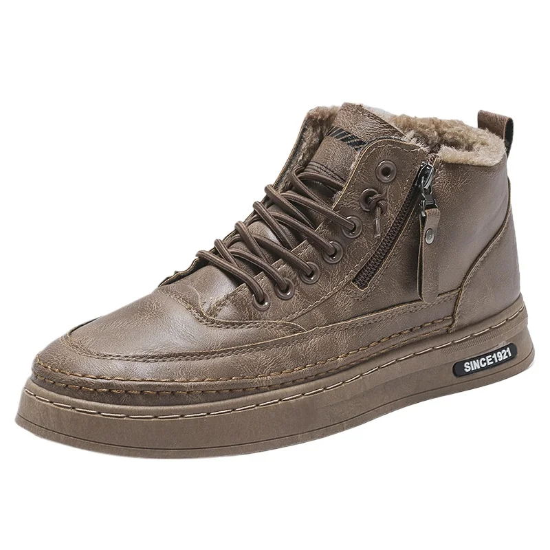 

2025 Winter fleece boots men's high-top shoes men's trend versatile leather shoes casual platform thermal cotton shoes