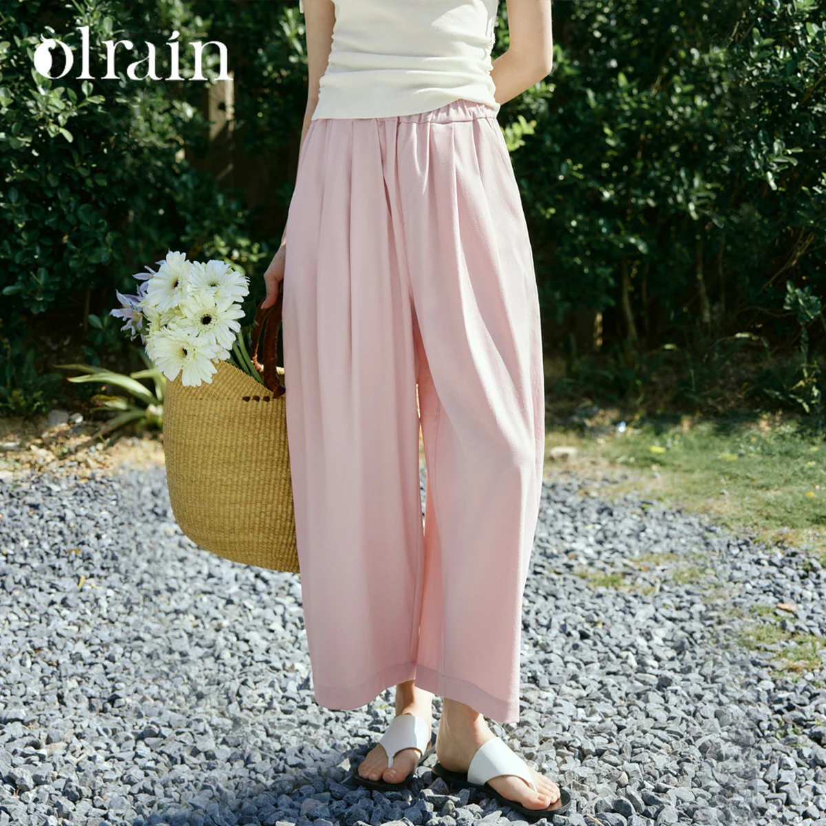 

OLrain Women Pink High Waist Balloon Pants 2026 Summer New Elastic Pleated Wide Leg Loose Casual Cropped Trousers O58XK005522