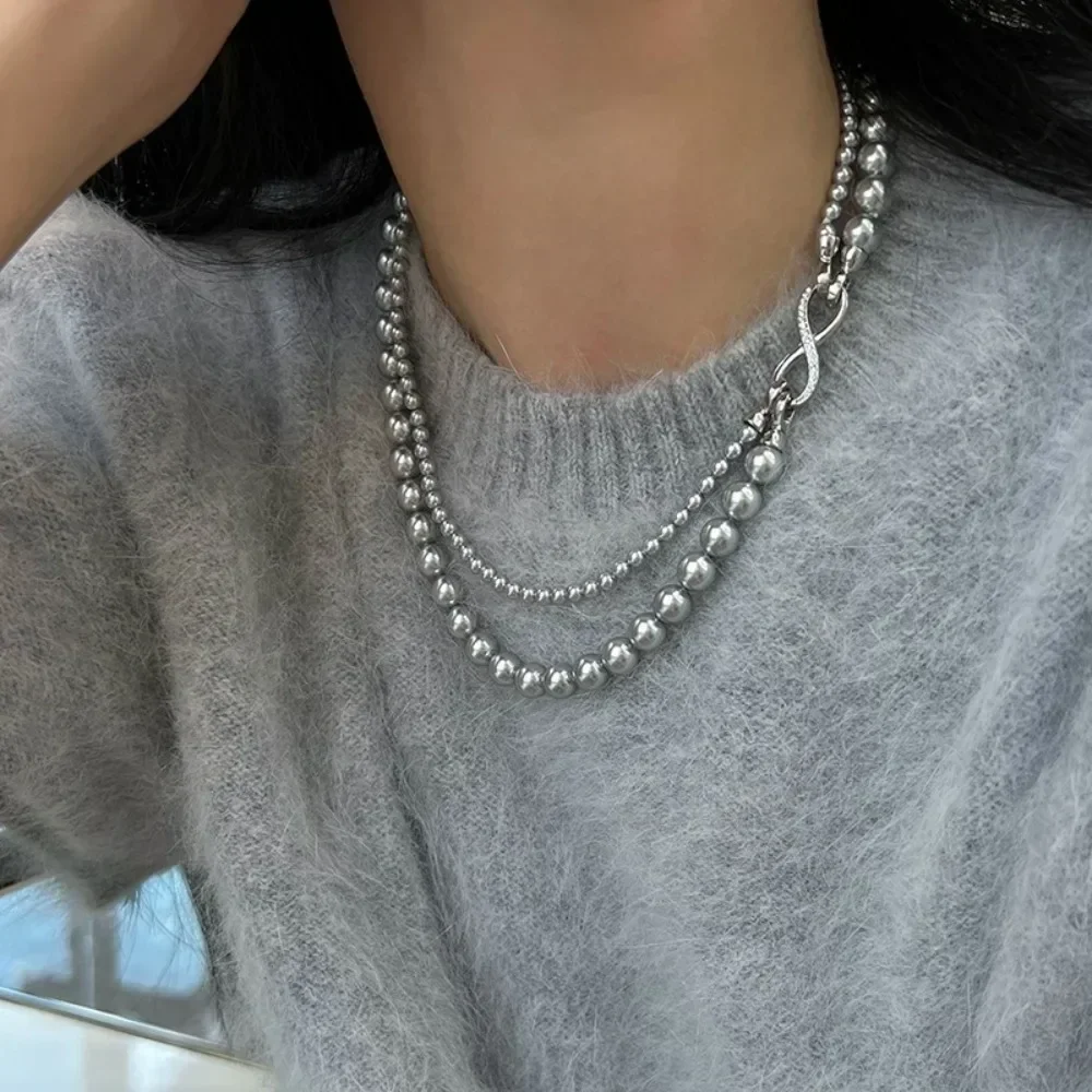 Double Silver Gray Pearl Necklace Collarbone Chain High-grade Crystal Pearl A Set of Necklace Three Ways To Wear