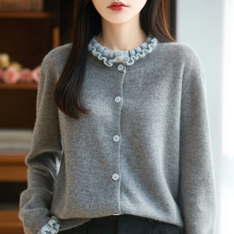 

Лидер продаж, новый женский кардиган, свитер из 100% мериносовой шерсти, универсальный осенне-зимний вязаный женский свитер с длинными рукавами и круглым вырезом