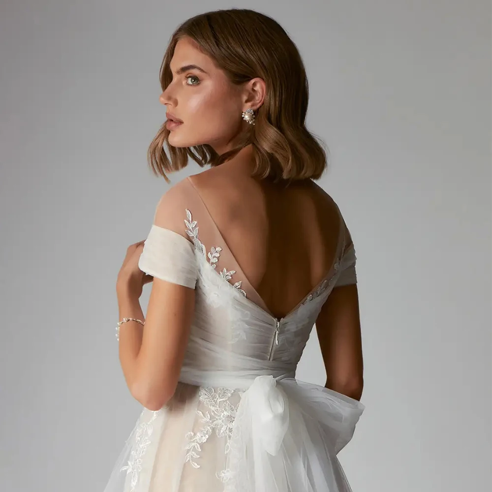 Modern Strapless Wedding Dresses for Women Short Sleeve Bridal Gowns with Lace 2024 Summer Soft Tulle Vestido De Novia Zipper