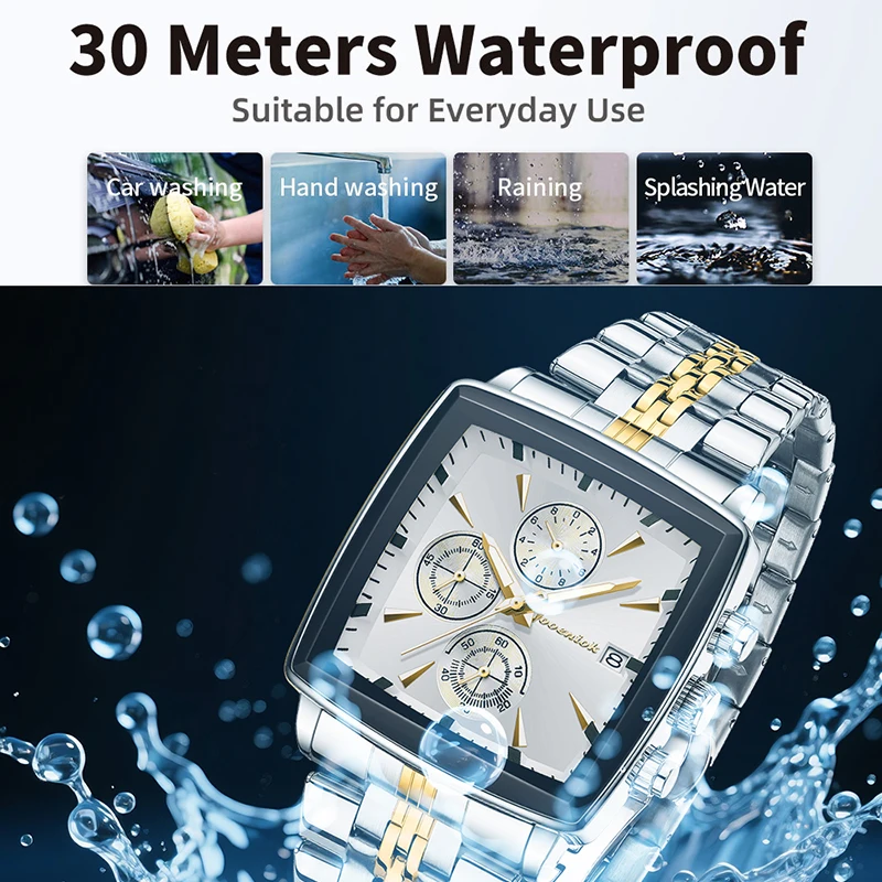 2025 Новые роскошные повседневные часы, лучший бренд, модный квадратный циферблат, календарь из нержавеющей стали, светящиеся водонепроницаемые мужские часы, мужские часы + коробка