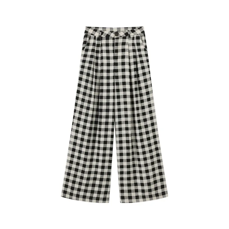 Vintage High Waist Plaid Wide Leg Pants Black White Checkered Trousers for Women Summer Casual Relax Floor Length Long Pants