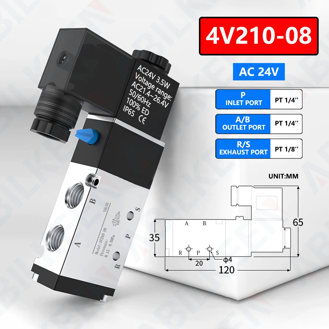 ABILKEEN 4V210-06/4V210-08 Air Solenoid Valves PT1/8'' / PT1/4'' 5 Way 2 Position Normally Closed Pneumatic Solenoid Valve