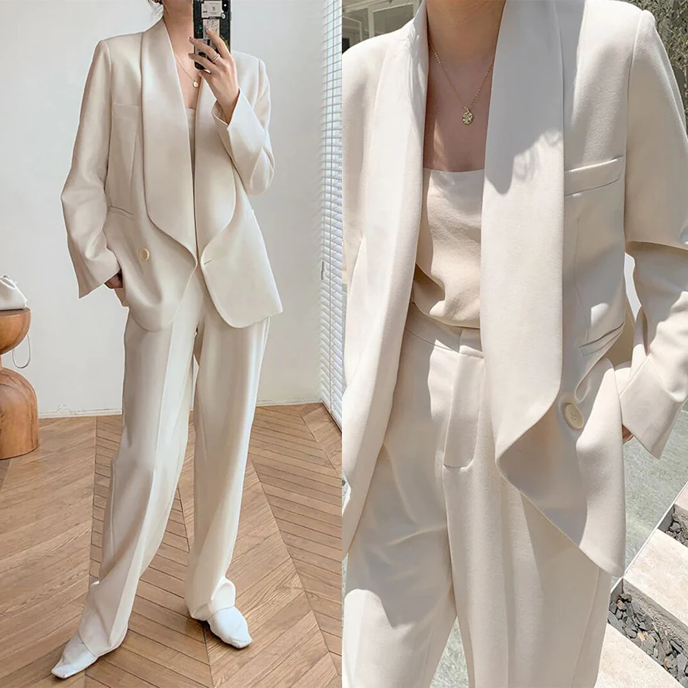 Classic Loose Women 2 Pieces Power Pants Jacket Casual Wide Shawl Lapel Blazer One Button Pencil Trousers Daily Dresses