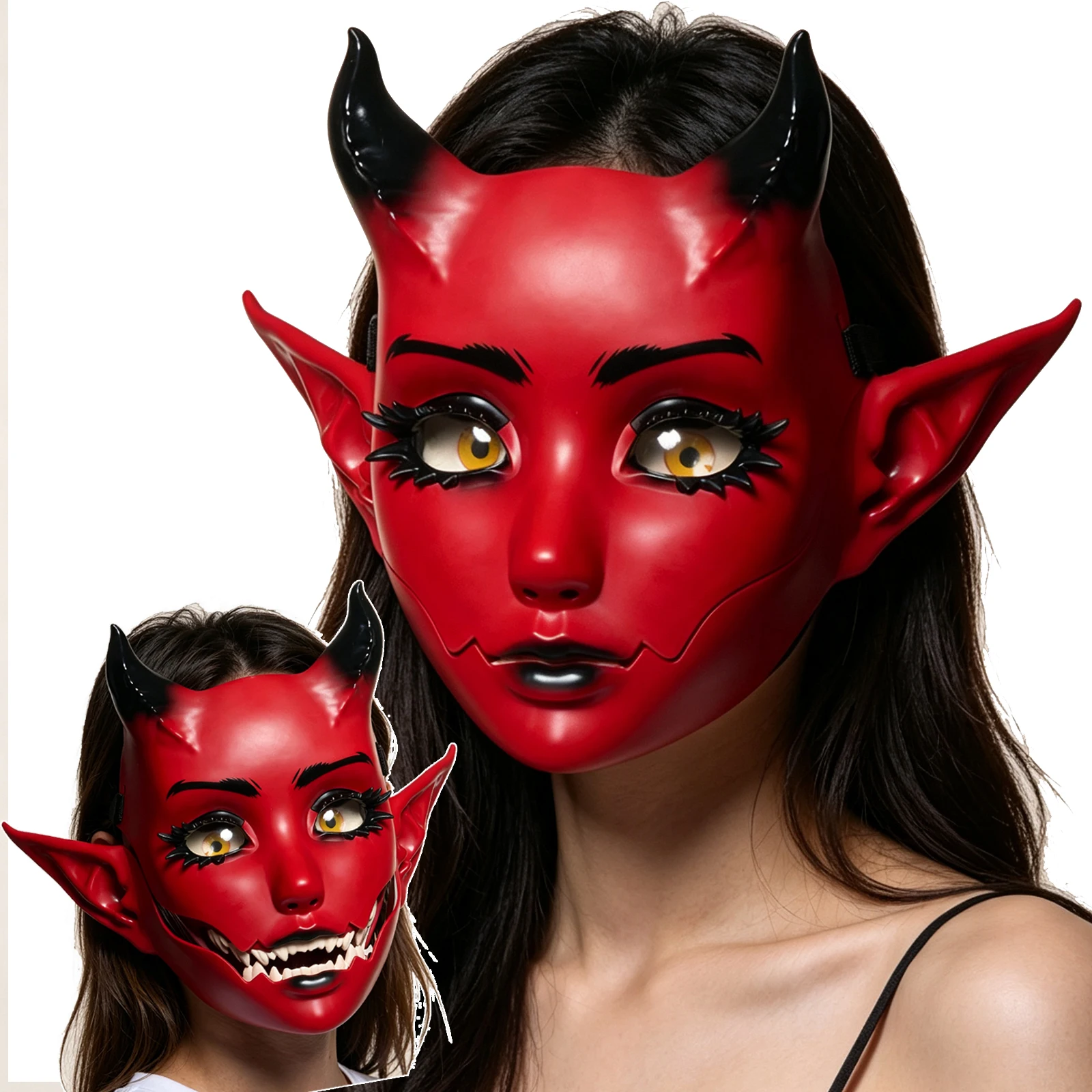 JAUPTO Rote Hornmaske mit Beweglichem Kiefer, Offener Mund, Fantasy-Kreatur-Maske, Halloween-Kostüm, Party-Festival-Gesichtsmaske für Erwachsene